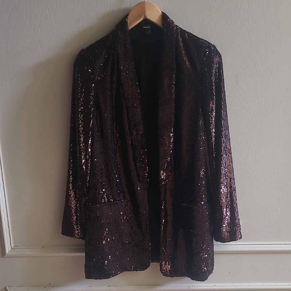 Express Shimmering Sequin Brown Blazer Sz M - Picture 3 of 8
